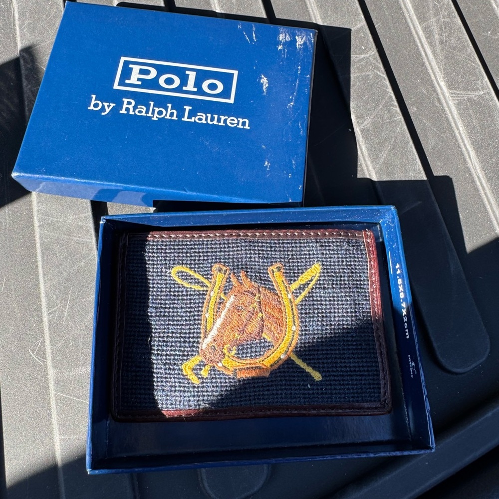 Polo Ralph Lauren equestrian needlepoint leather 3 card case